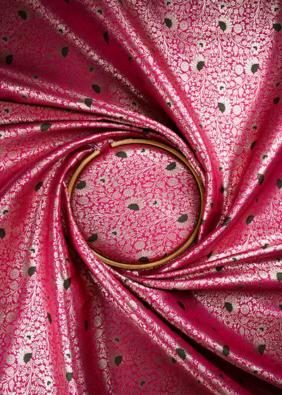 Pink Banarasi Brocade Fabric With All Over Thread And Zari Handloom 24619