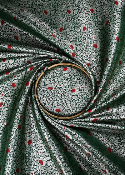 Bottle Green Banarasi Brocade Fabric With All Over Thread And Zari Handloom 24620