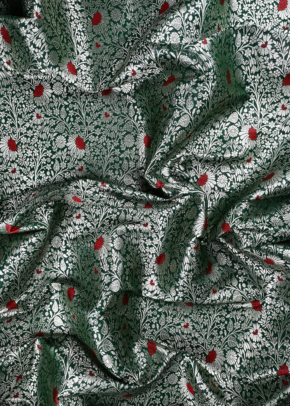 Bottle Green Banarasi Brocade Fabric With All Over Thread And Zari Handloom 24620