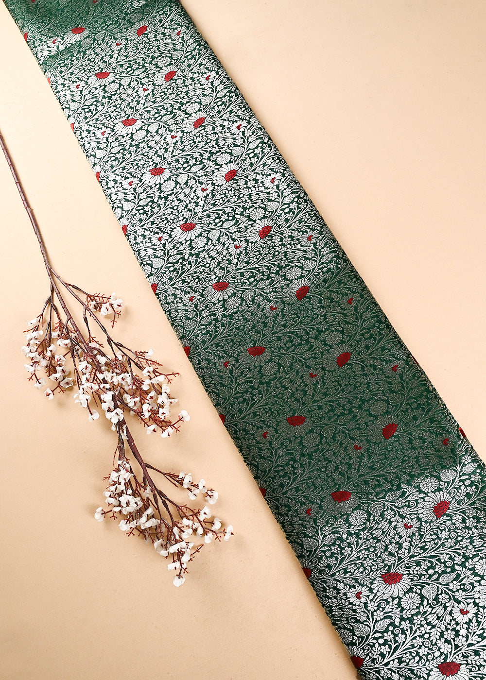 Bottle Green Banarasi Brocade Fabric With All Over Thread And Zari Handloom 24620