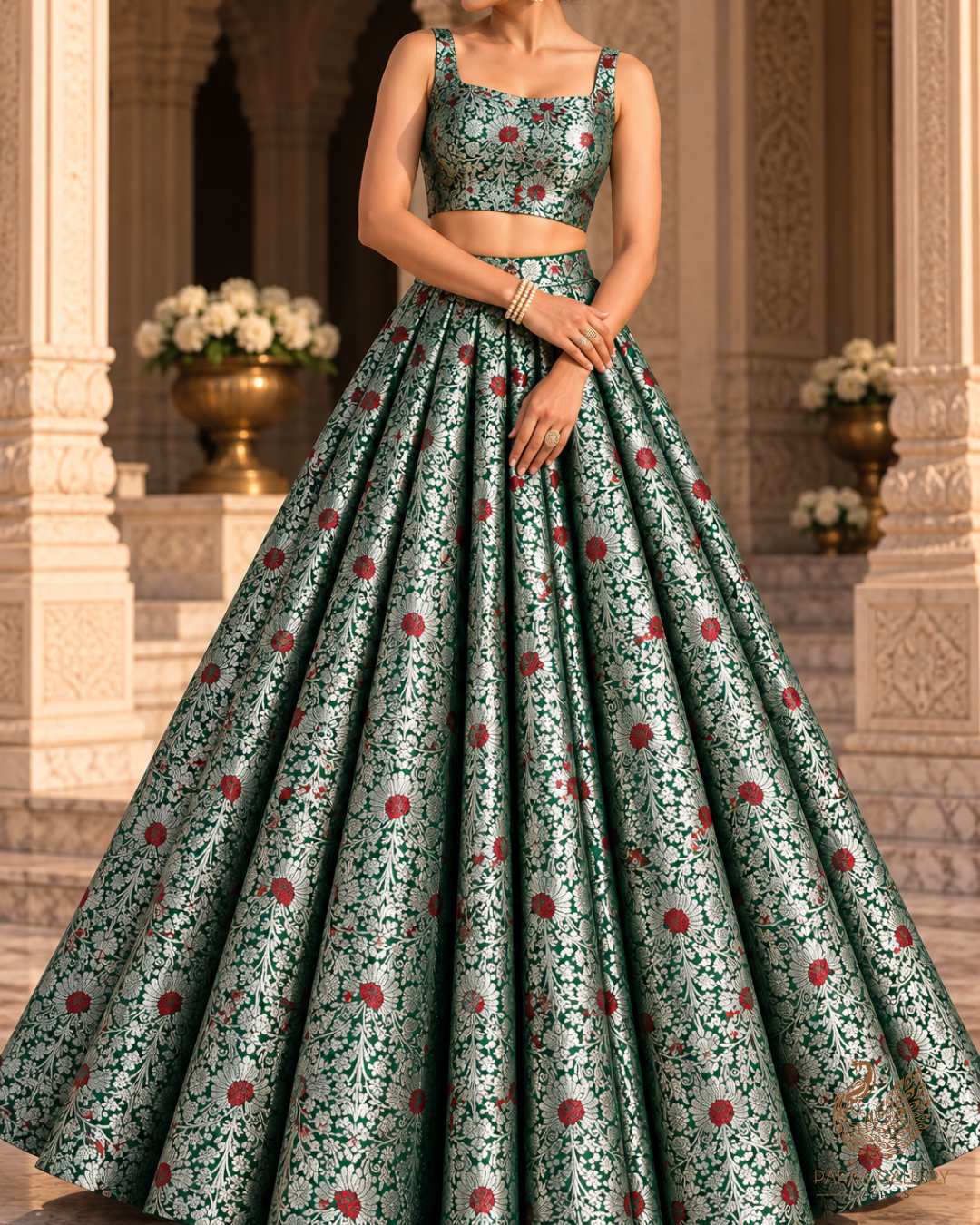 Bottle Green Banarasi Brocade Fabric With All Over Thread And Zari Handloom 24620