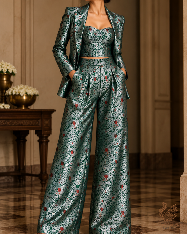 Bottle Green Banarasi Brocade Fabric With All Over Thread And Zari Handloom 24620