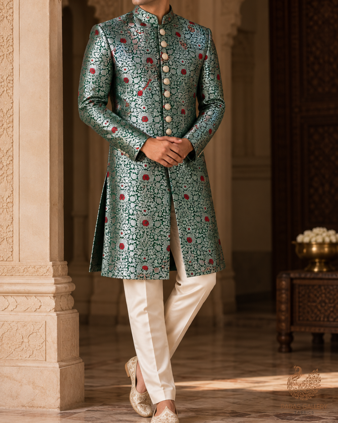 Bottle Green Banarasi Brocade Fabric With All Over Thread And Zari Handloom 24620