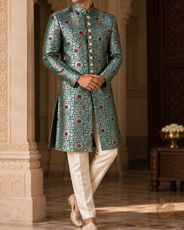 Bottle Green Banarasi Brocade Fabric With All Over Thread And Zari Handloom 24620