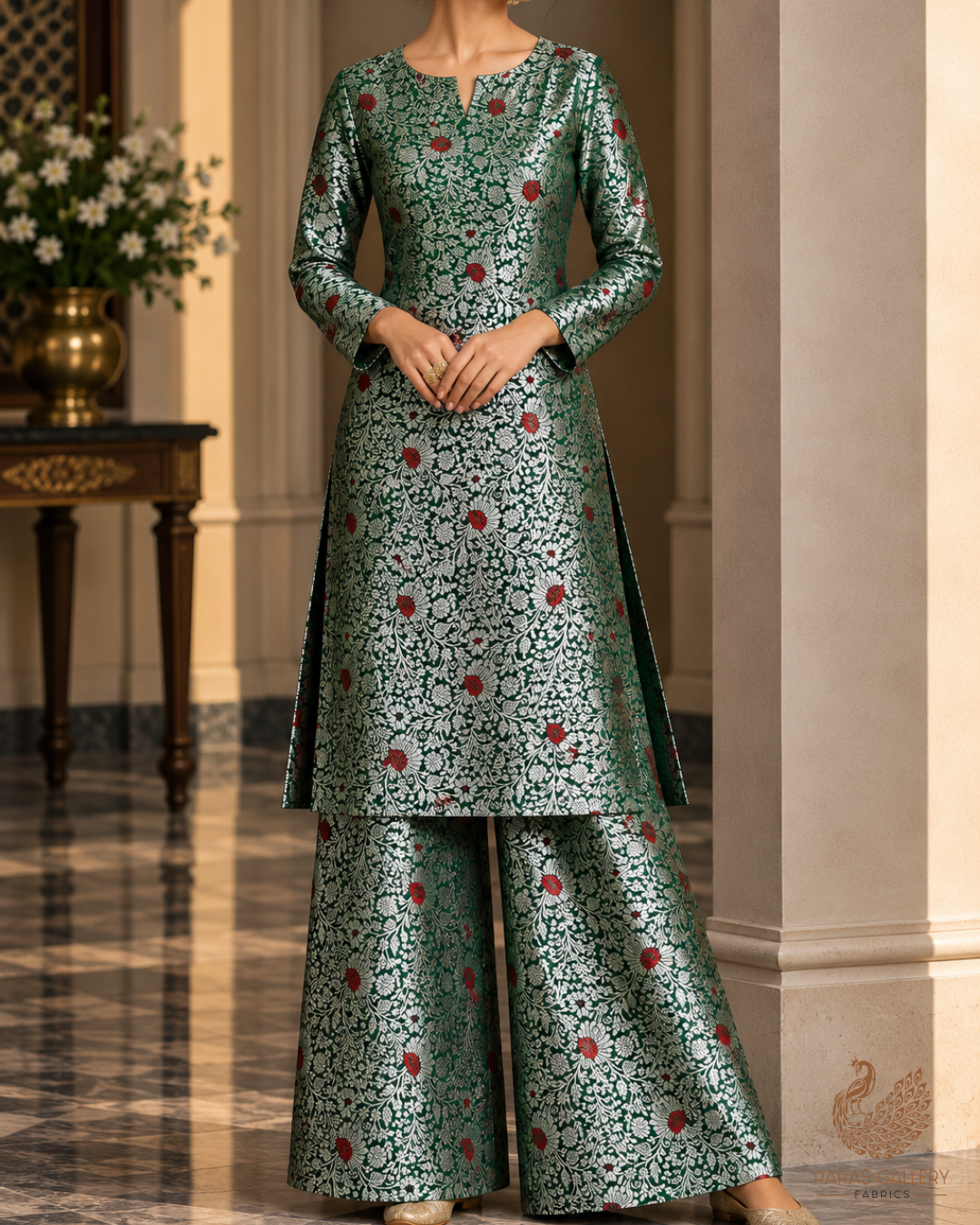 Bottle Green Banarasi Brocade Fabric With All Over Thread And Zari Handloom 24620