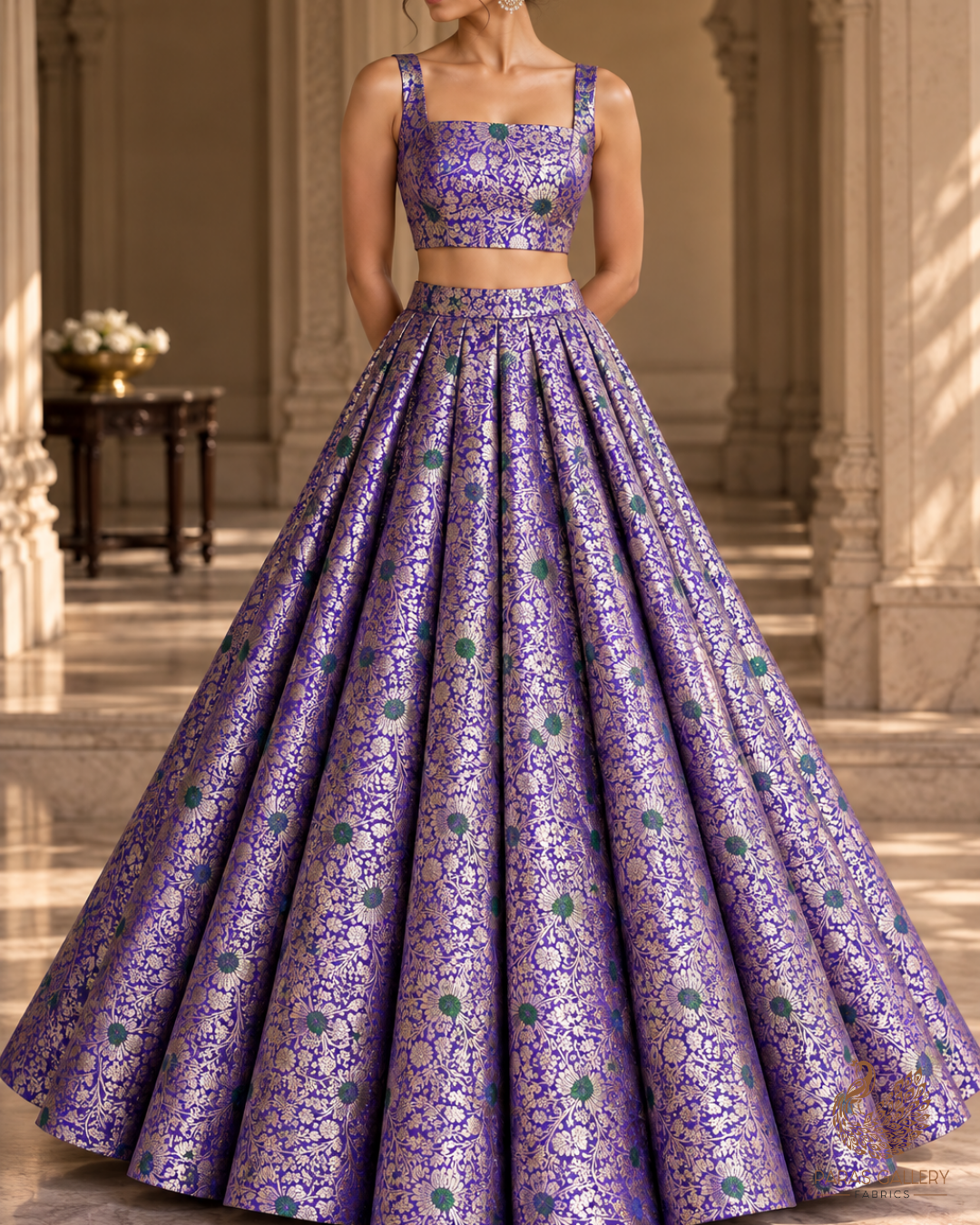 Violet Banarasi Brocade Fabric With All Over Thread And Zari Handloom 24621