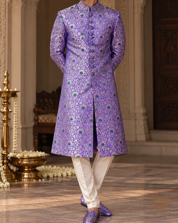 Violet Banarasi Brocade Fabric With All Over Thread And Zari Handloom 24621