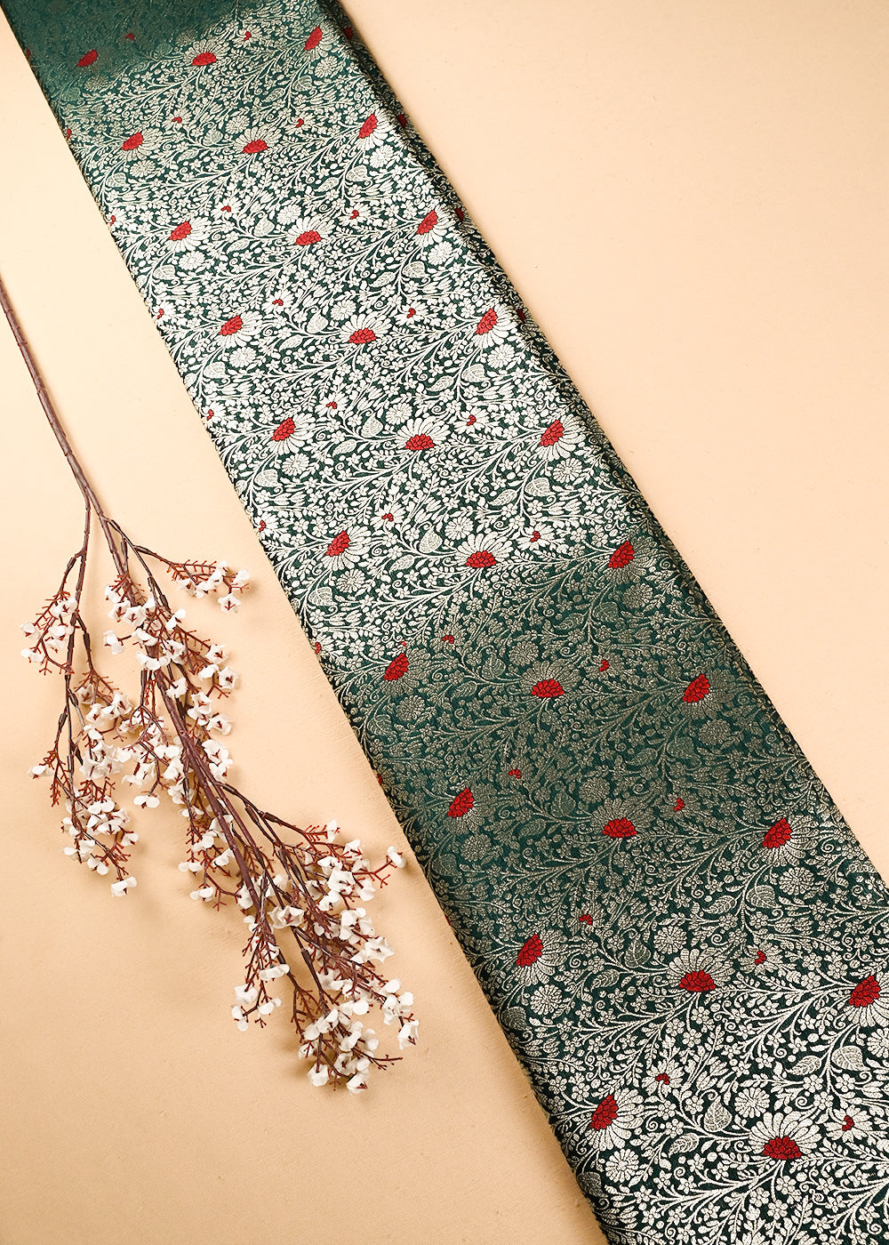 Green Banarasi Brocade Fabric With All Over Thread And Zari Handloom 24623