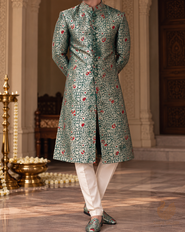 Green Banarasi Brocade Fabric With All Over Thread And Zari Handloom 24623