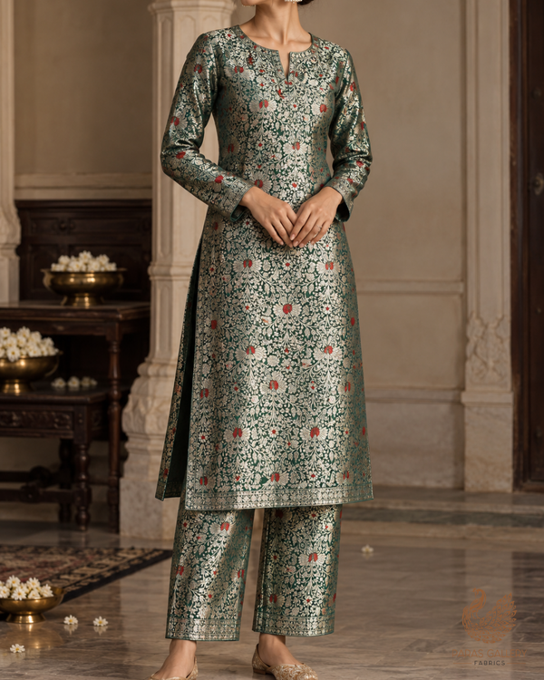 Green Banarasi Brocade Fabric With All Over Thread And Zari Handloom 24623