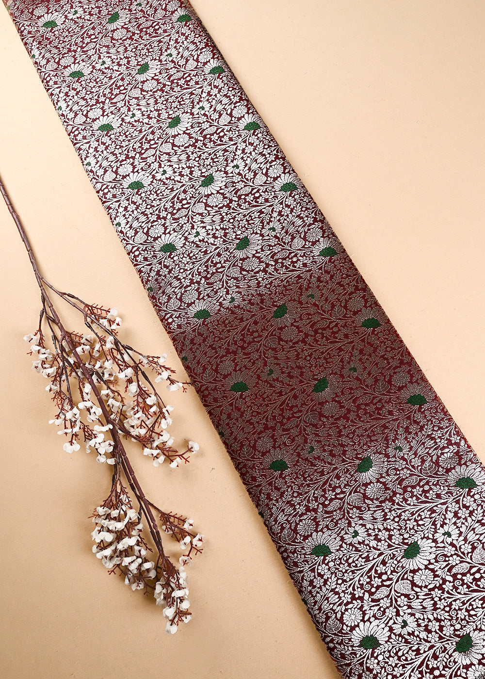 Wine Banarasi Brocade Fabric With All Over Thread And Zari Handloom 24624