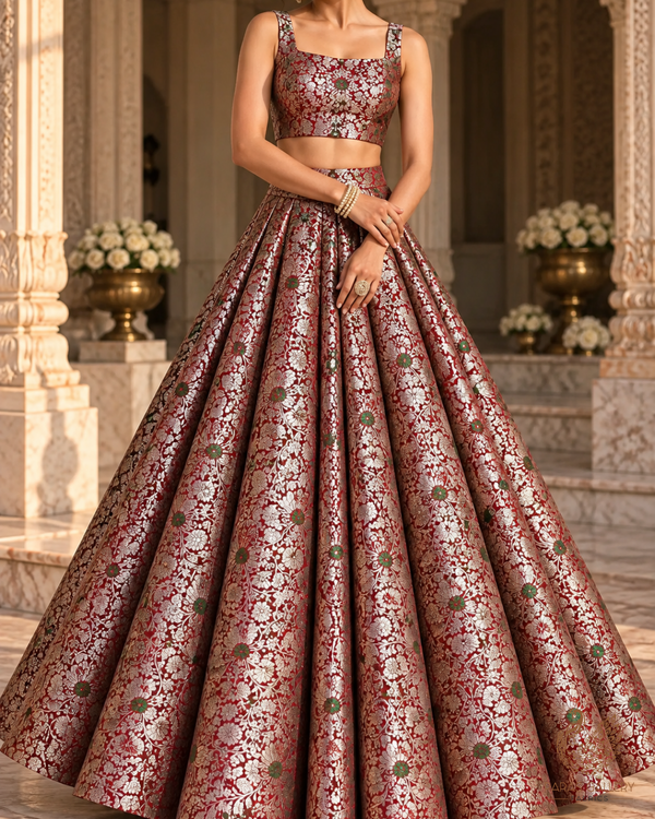 Wine Banarasi Brocade Fabric With All Over Thread And Zari Handloom 24624