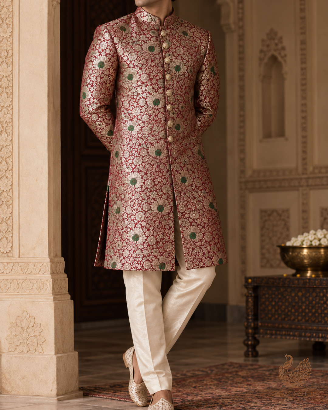 Wine Banarasi Brocade Fabric With All Over Thread And Zari Handloom 24624