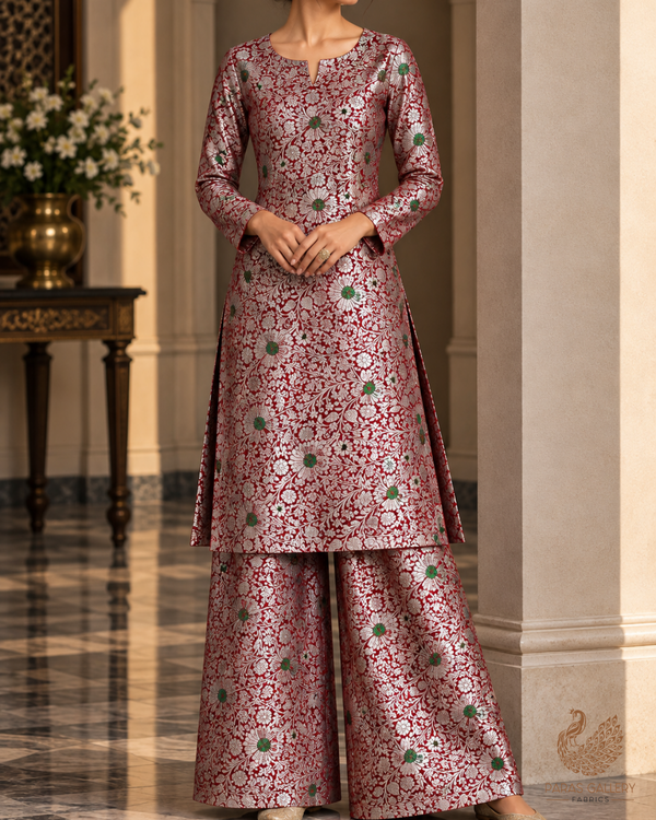 Wine Banarasi Brocade Fabric With All Over Thread And Zari Handloom 24624