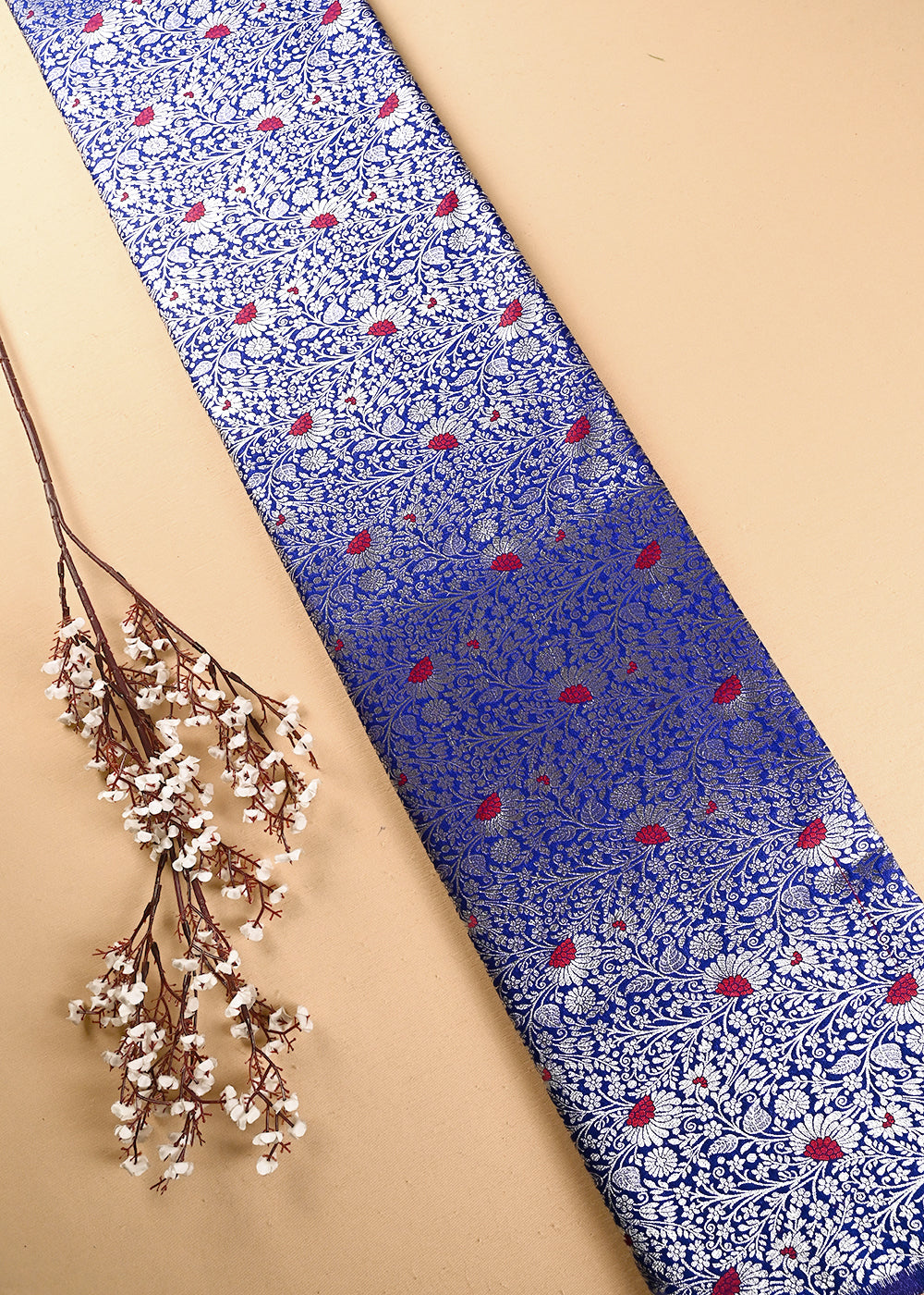 Royal Blue Banarasi Brocade Fabric With All Over Thread And Zari Handloom 24625