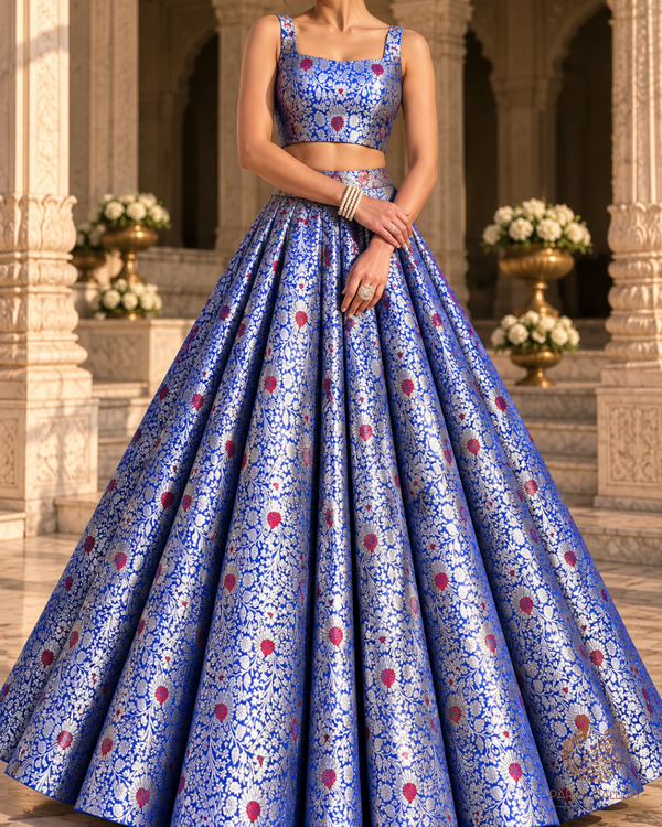 Royal Blue Banarasi Brocade Fabric With All Over Thread And Zari Handloom 24625