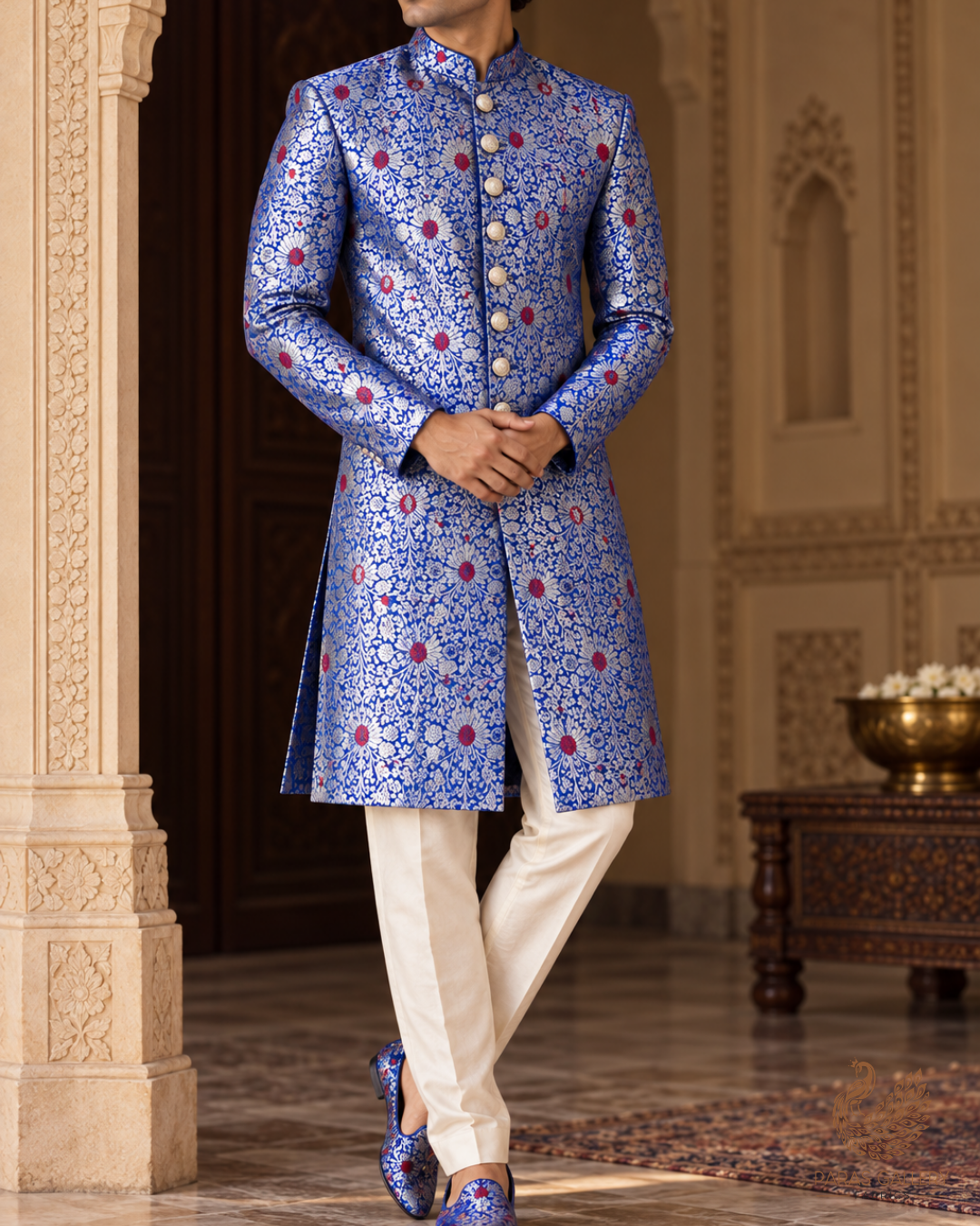Royal Blue Banarasi Brocade Fabric With All Over Thread And Zari Handloom 24625