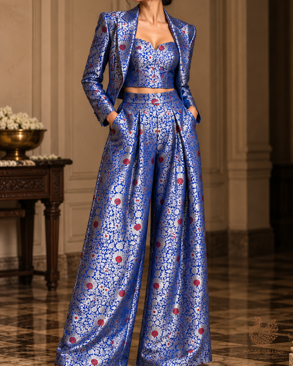 Royal Blue Banarasi Brocade Fabric With All Over Thread And Zari Handloom 24625