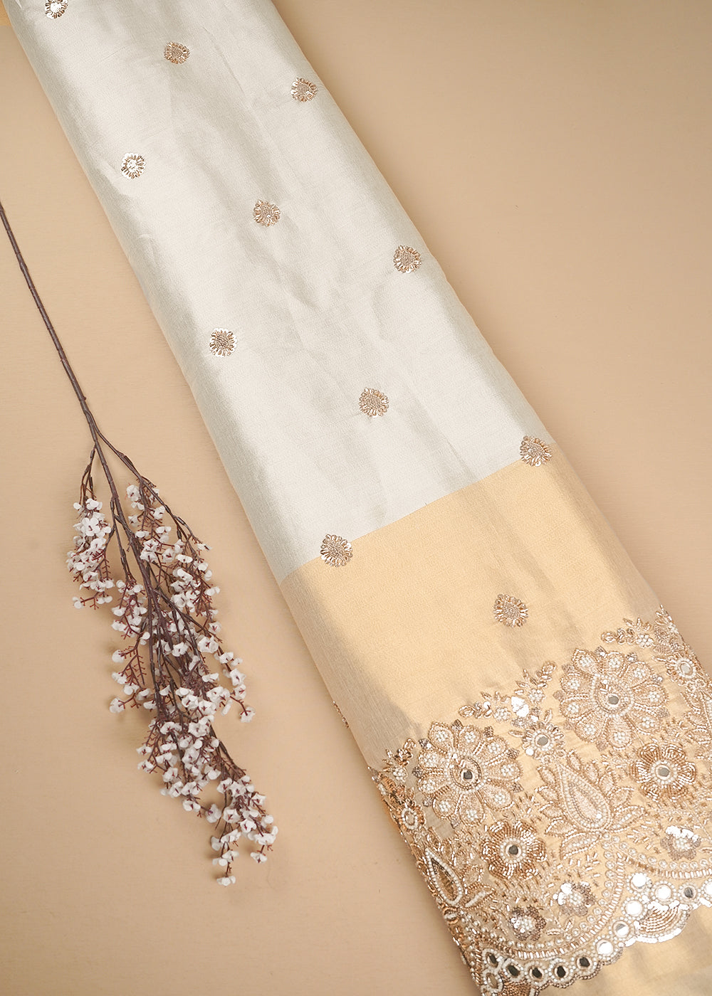 Silver Dyeable Tissue Fabric With All Over Katdana And Bead Work With One Side Golden Border 24626