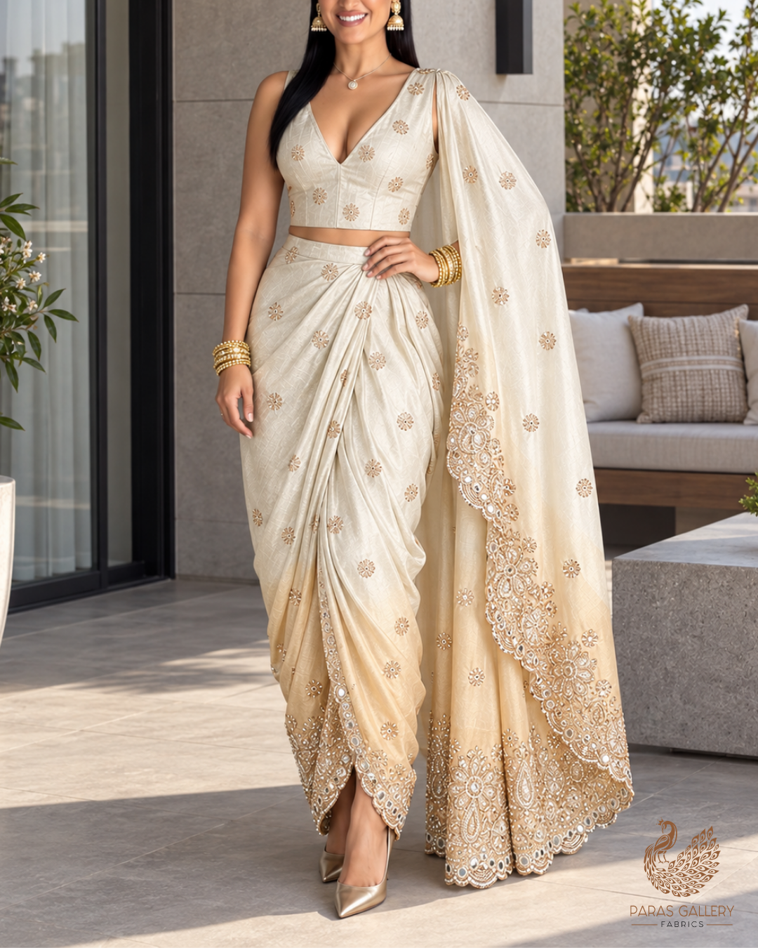 Silver Dyeable Tissue Fabric With All Over Katdana And Bead Work With One Side Golden Border 24626