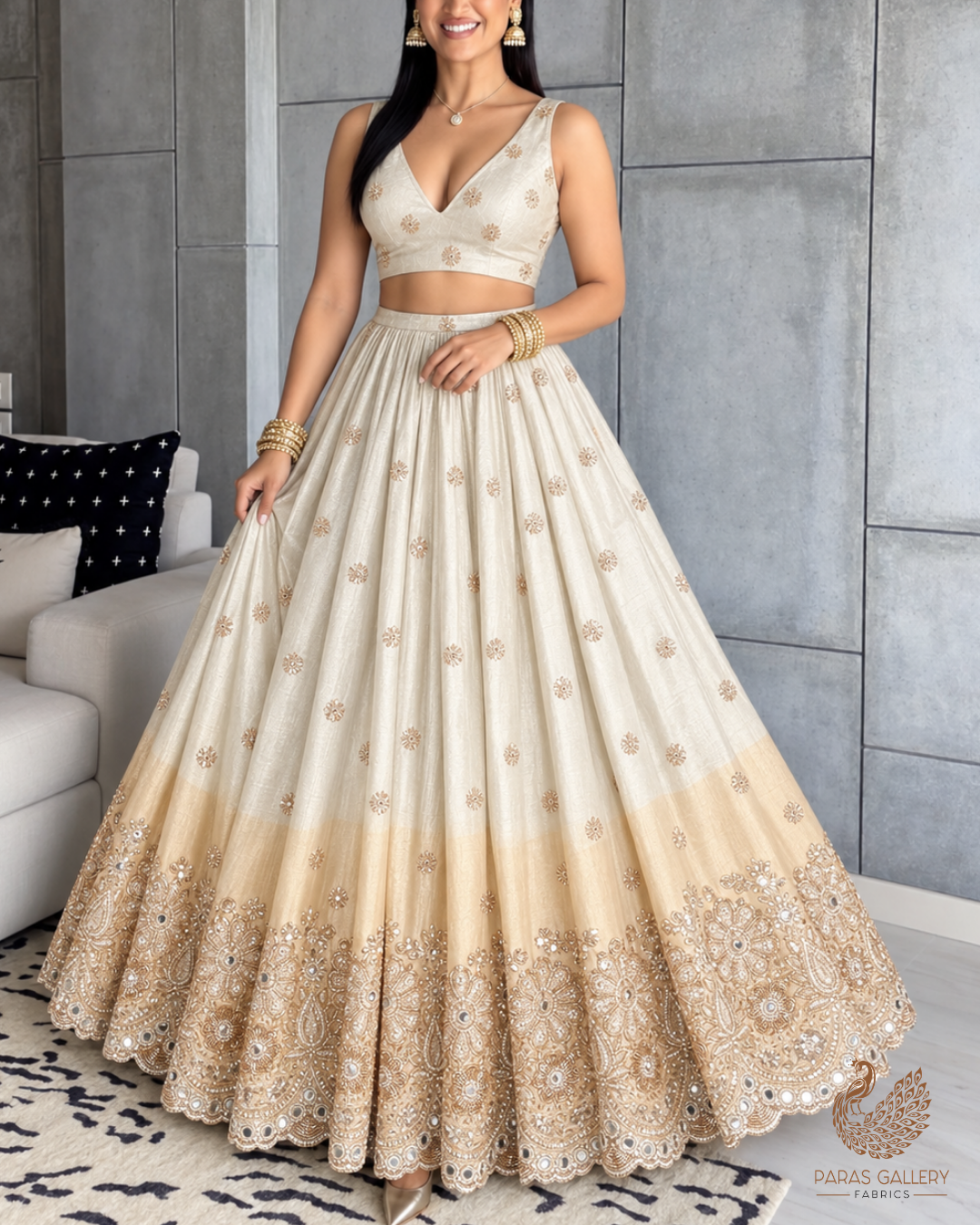 Silver Dyeable Tissue Fabric With All Over Katdana And Bead Work With One Side Golden Border 24626
