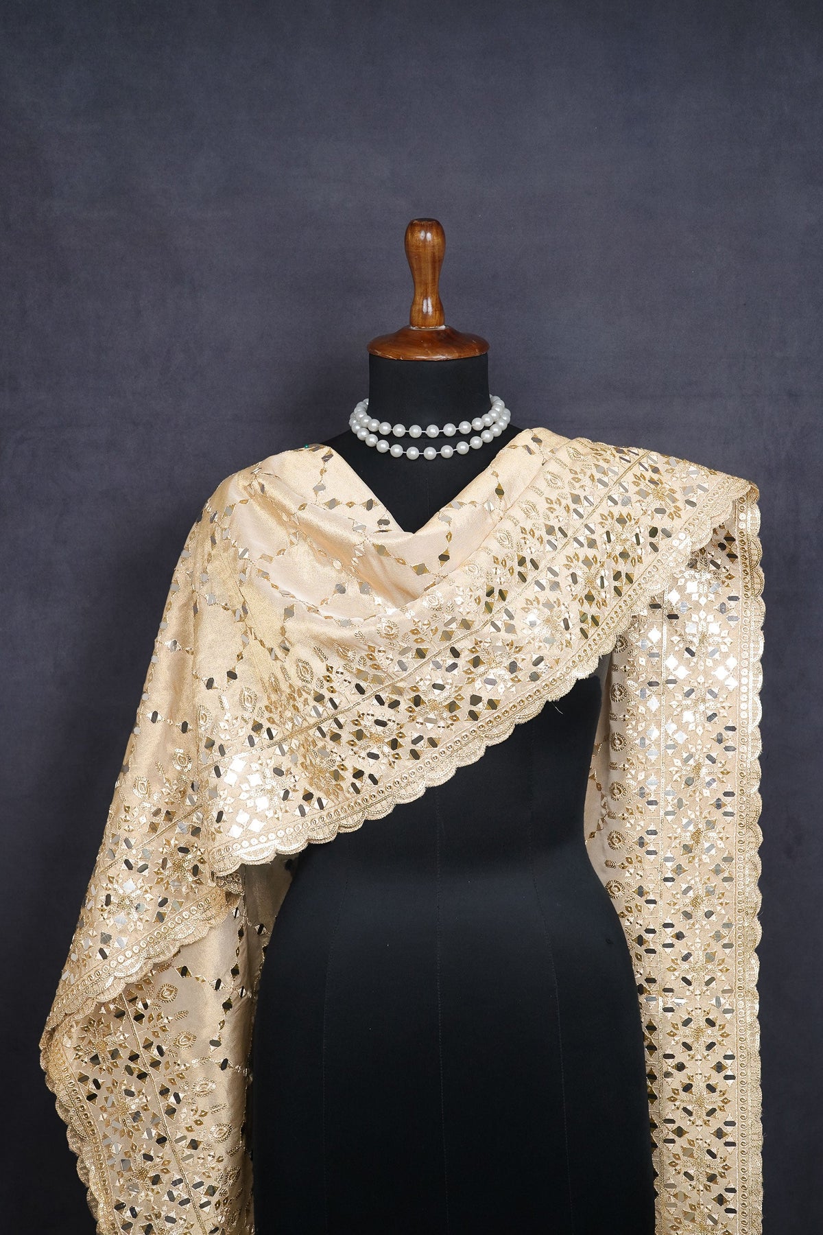 Golden Dyeable Tissue Dupatta All Over Zari, Sequins And Faux Mirror Work With Border 24627