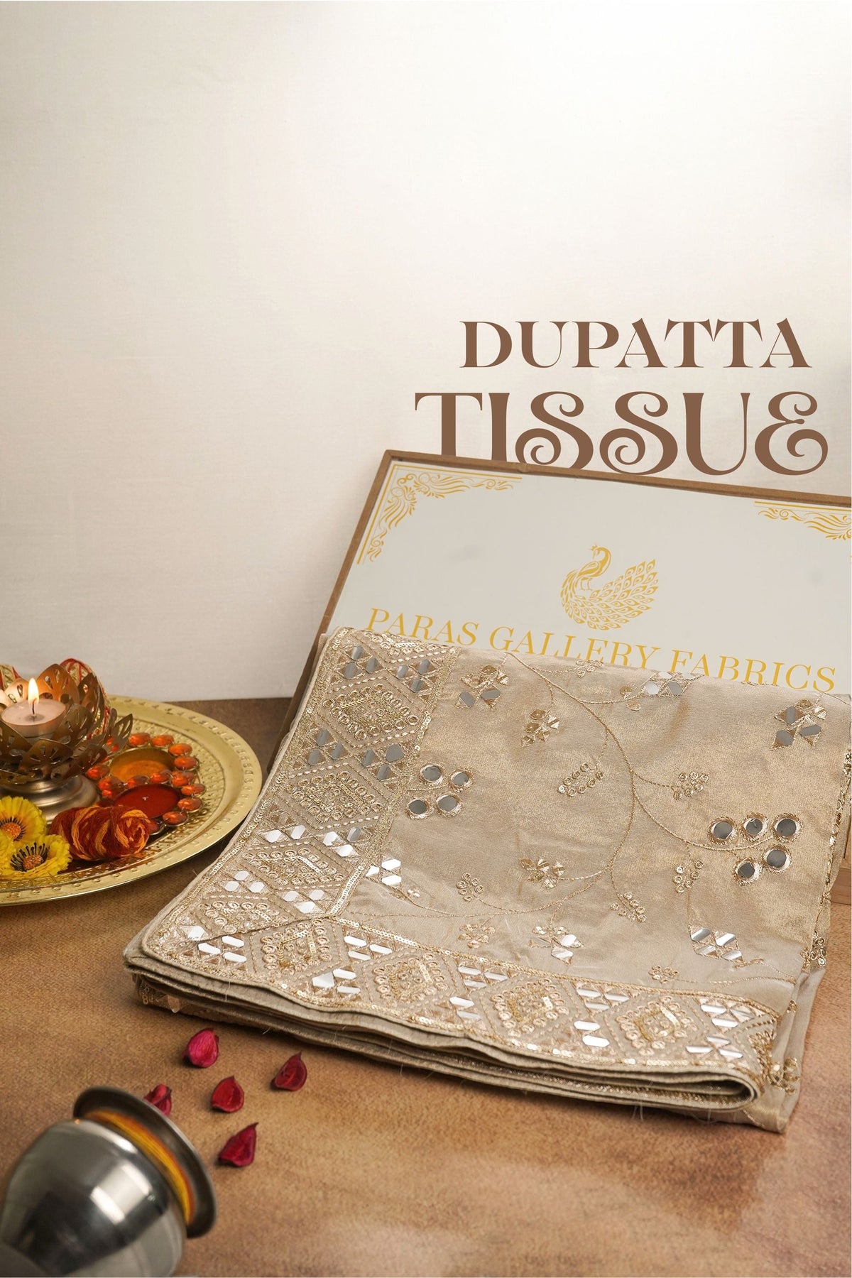 Golden Dyeable Tissue Dupatta All Over Zari, Sequins And Faux Mirror Work With Border 24628