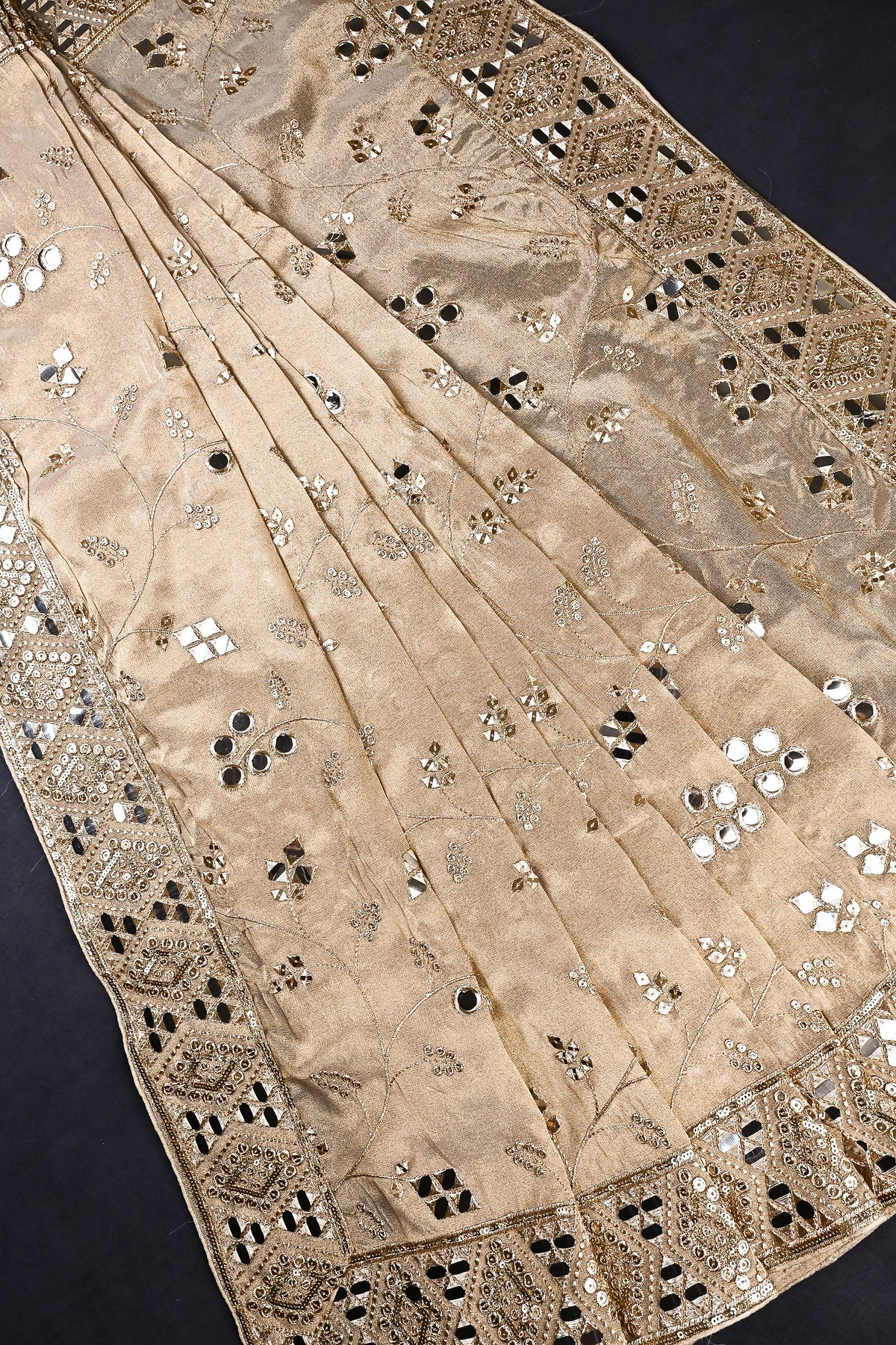 Golden Dyeable Tissue Dupatta All Over Zari, Sequins And Faux Mirror Work With Border 24628
