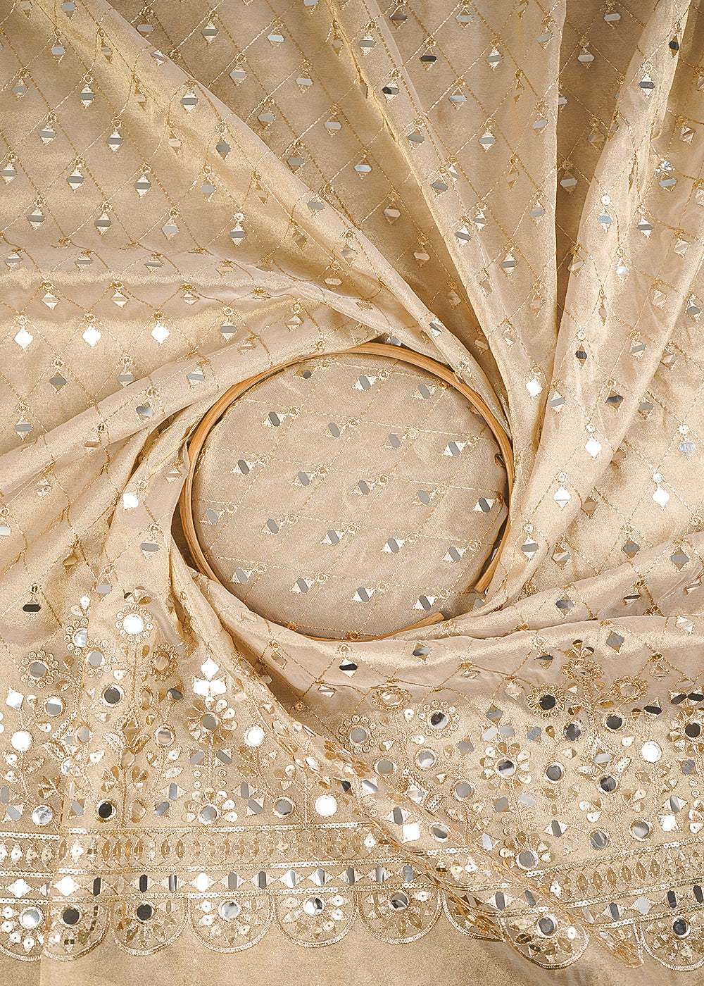 Golden Dyeable Tissue Fabric With All Over Zari, Sequins And Faux Mirror Work With One Side Heavy Border 24629