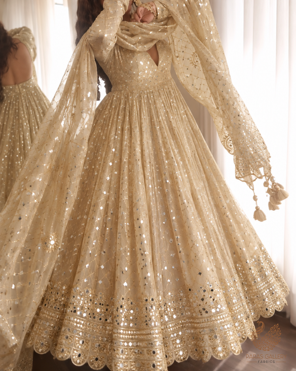 Golden Dyeable Tissue Fabric With All Over Zari, Sequins And Faux Mirror Work With One Side Heavy Border 24629