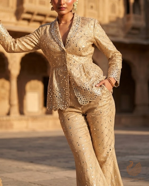 Golden Dyeable Tissue Fabric With All Over Zari, Sequins And Faux Mirror Work With One Side Heavy Border 24629