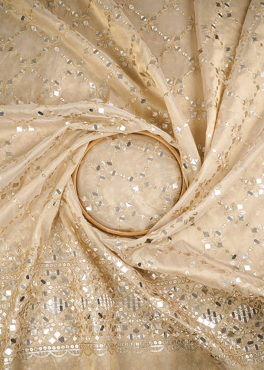 Golden Dyeable Tissue Fabric With All Over Zari, Sequins And Faux Mirror Work With One Side Heavy Border 24630