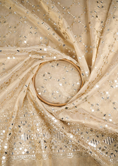 Golden Dyeable Tissue Fabric With All Over Zari, Sequins And Faux Mirror Work With One Side Heavy Border 24630