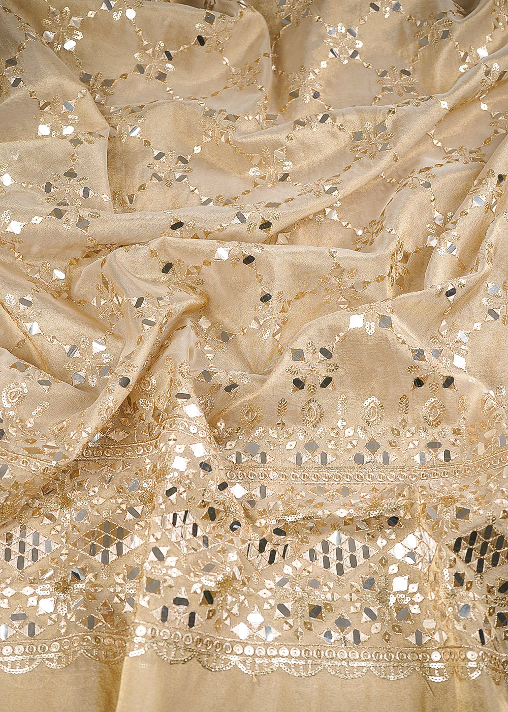 Golden Dyeable Tissue Fabric With All Over Zari, Sequins And Faux Mirror Work With One Side Heavy Border 24630