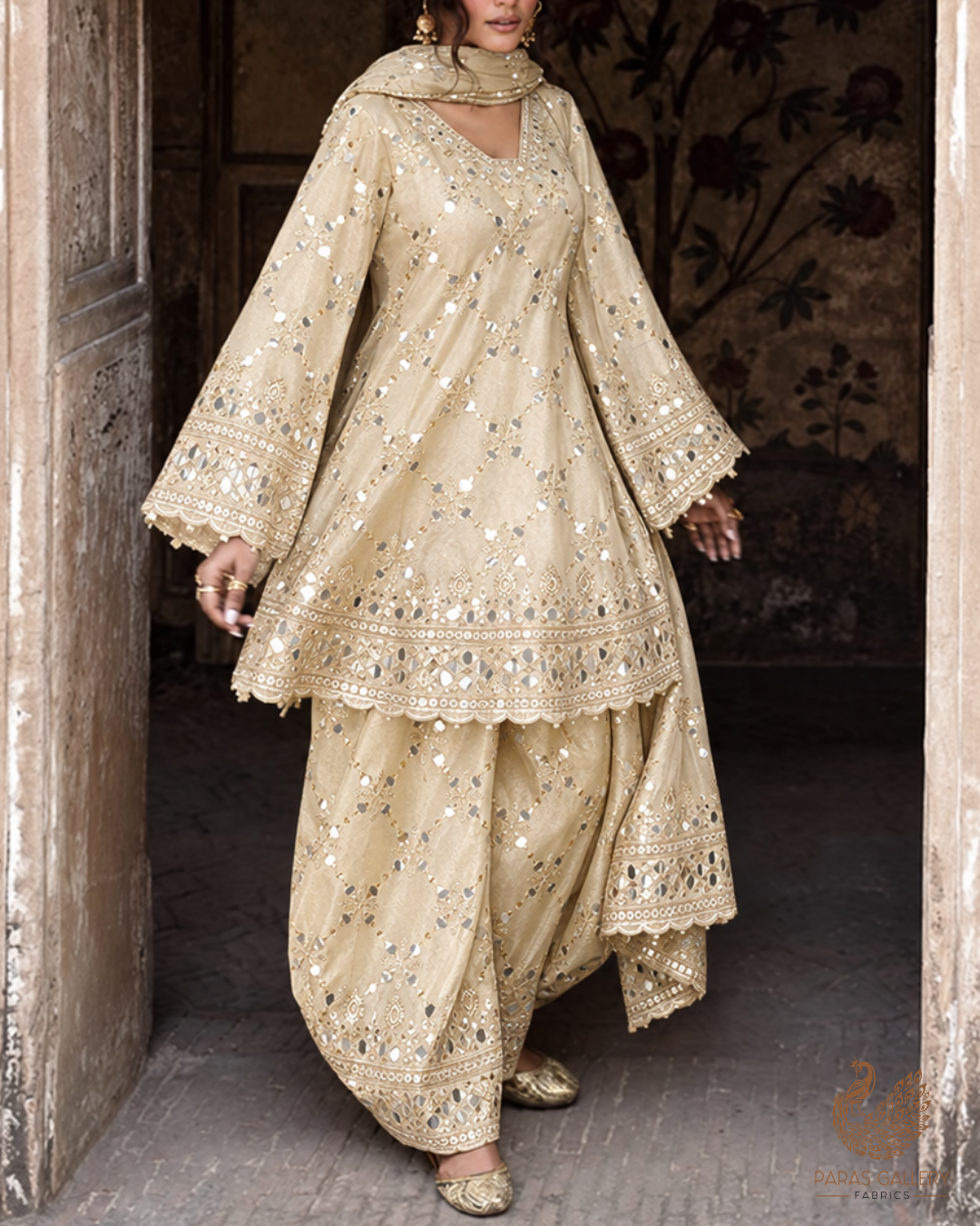Golden Dyeable Tissue Fabric With All Over Zari, Sequins And Faux Mirror Work With One Side Heavy Border 24630