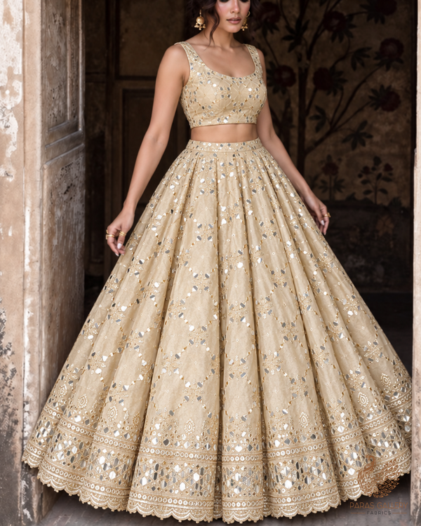 Golden Dyeable Tissue Fabric With All Over Zari, Sequins And Faux Mirror Work With One Side Heavy Border 24630