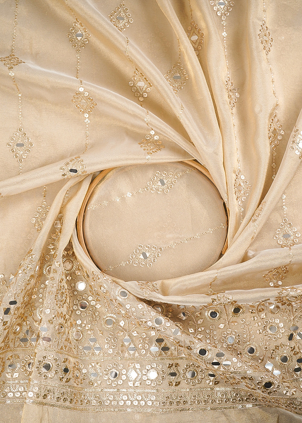 Golden Dyeable Tissue Fabric With All Over Zari, Sequins And Faux Mirror Work With One Side Heavy Border 24631