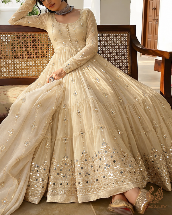 Golden Dyeable Tissue Fabric With All Over Zari, Sequins And Faux Mirror Work With One Side Heavy Border 24631