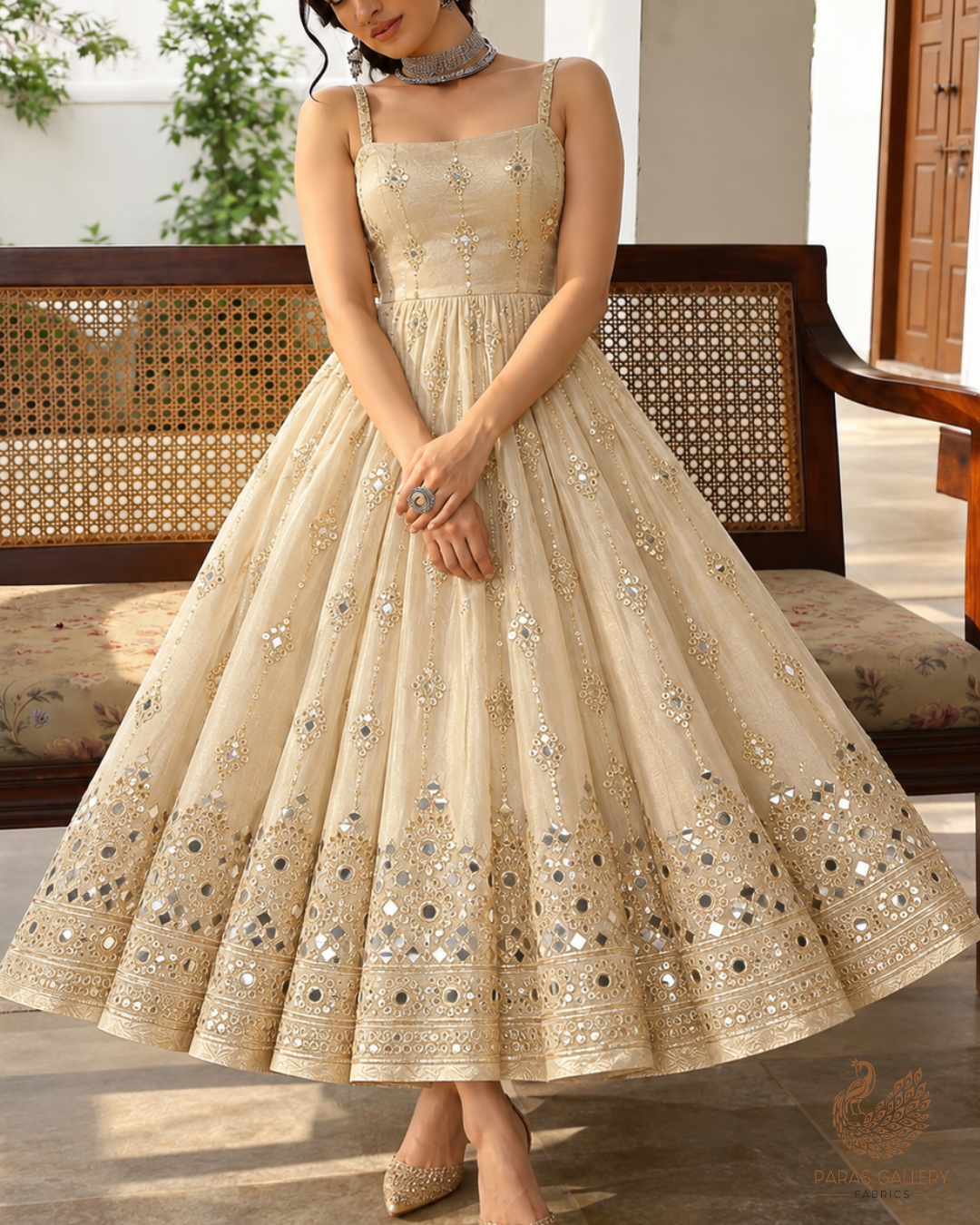 Golden Dyeable Tissue Fabric With All Over Zari, Sequins And Faux Mirror Work With One Side Heavy Border 24631