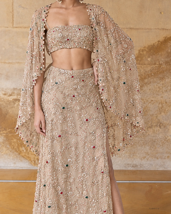 Golden Imported Net Fabric With All Over Zari, Sequins, Katdana, Stone And Cutwork 24634