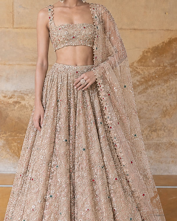 Golden Imported Net Fabric With All Over Zari, Sequins, Katdana, Stone And Cutwork 24634