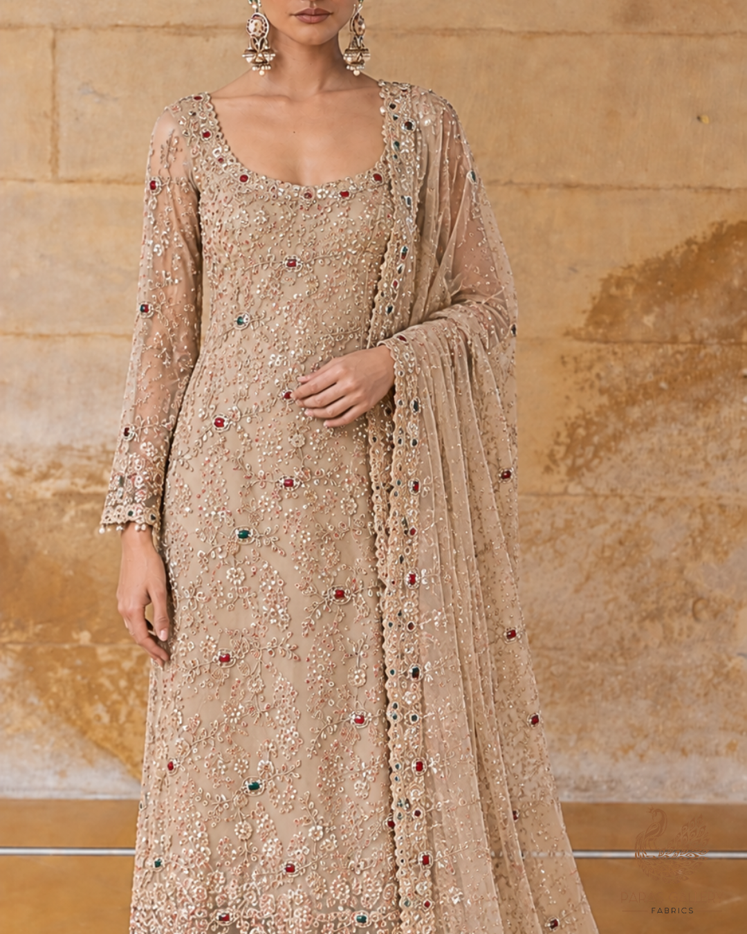 Golden Imported Net Fabric With All Over Zari, Sequins, Katdana, Stone And Cutwork 24634