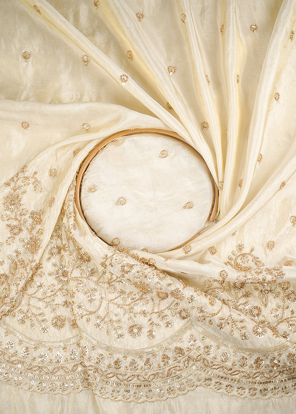 Golden Dyeable Tissue Fabric With All Over Katdana And Bead Work With One Side Border 24643
