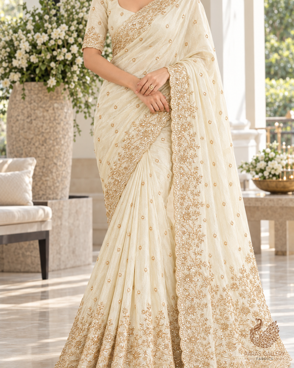 Golden Dyeable Tissue Fabric With All Over Katdana And Bead Work With One Side Border 24643