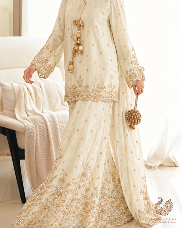 Golden Dyeable Tissue Fabric With All Over Katdana And Bead Work With One Side Border 24643