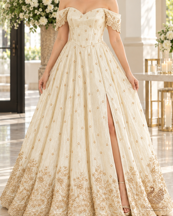 Golden Dyeable Tissue Fabric With All Over Katdana And Bead Work With One Side Border 24643