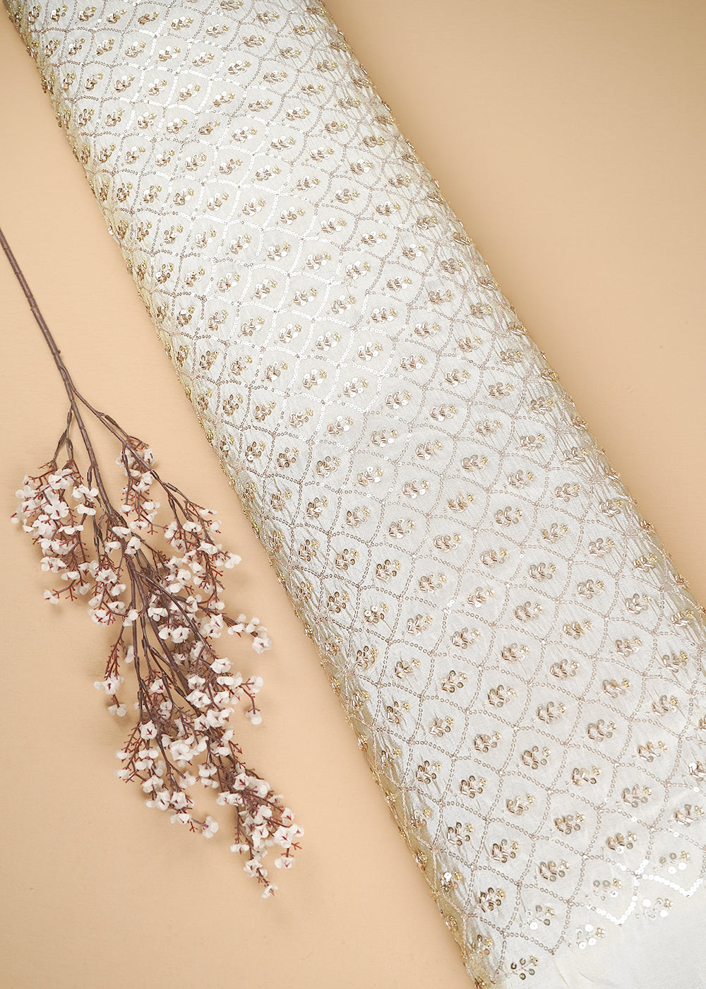 Golden Dyeable Tissue Fabric With All Over Sequins And Katdana Work 24644