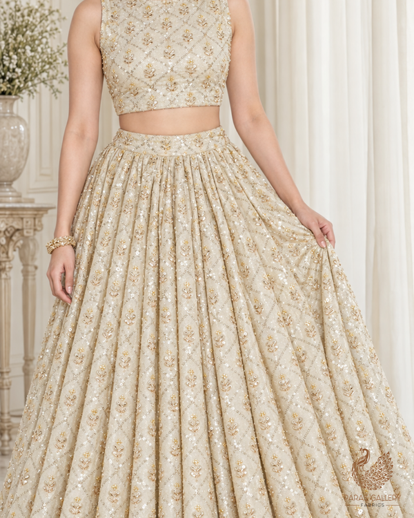 Golden Dyeable Tissue Fabric With All Over Sequins And Katdana Work 24644