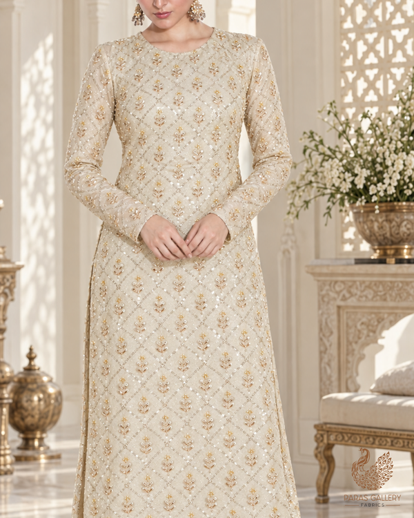 Golden Dyeable Tissue Fabric With All Over Sequins And Katdana Work 24644