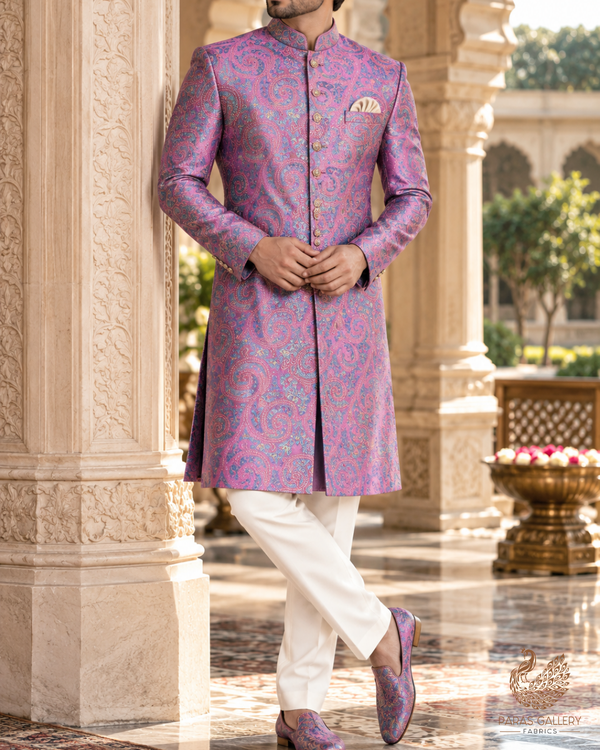 Mauve Banarasi Brocade Fabric With All Over Thread Handloom 24645